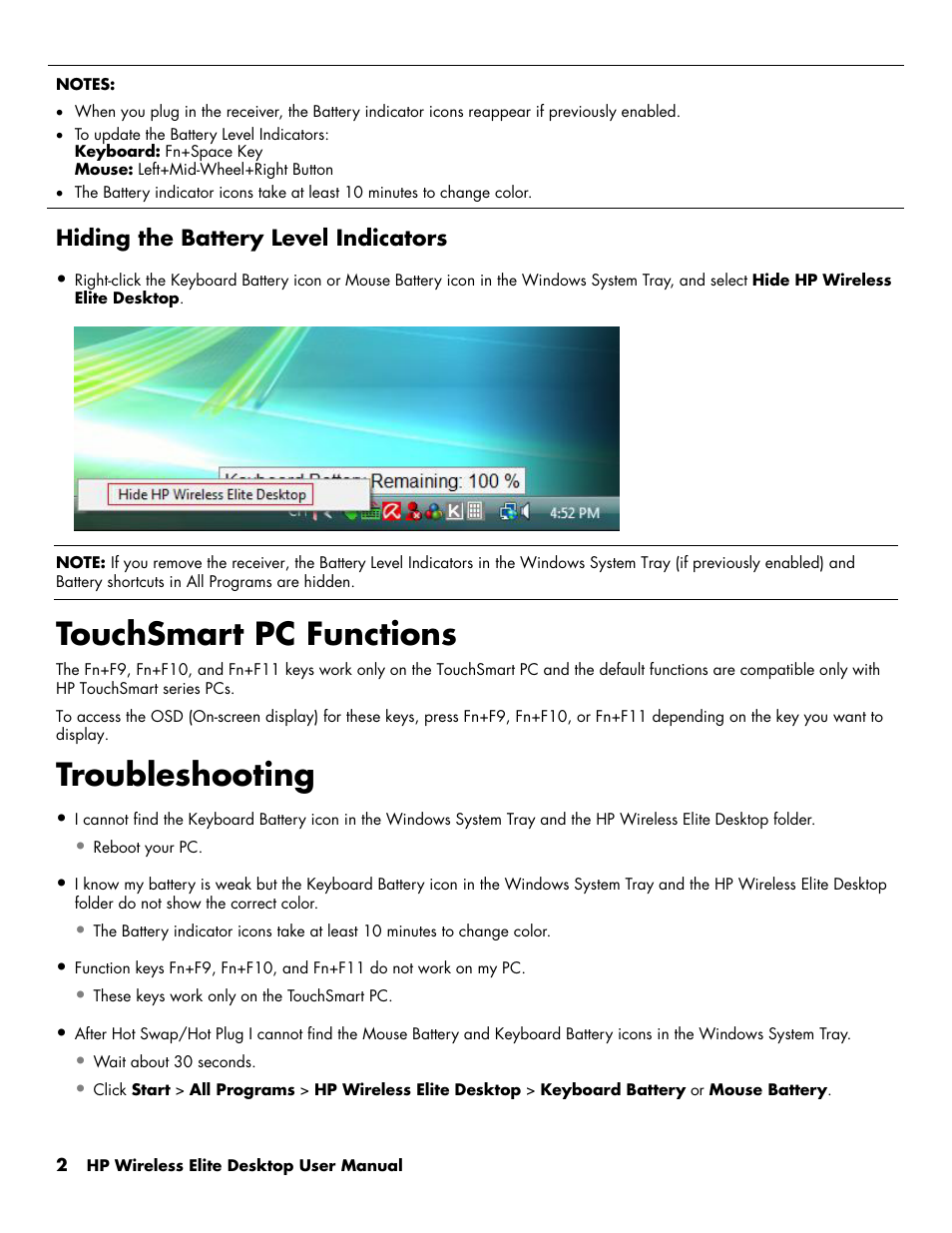 Touchsmart pc functions, Troubleshooting, Hiding the battery level indicators | HP 510678-001 User Manual | Page 4 / 4