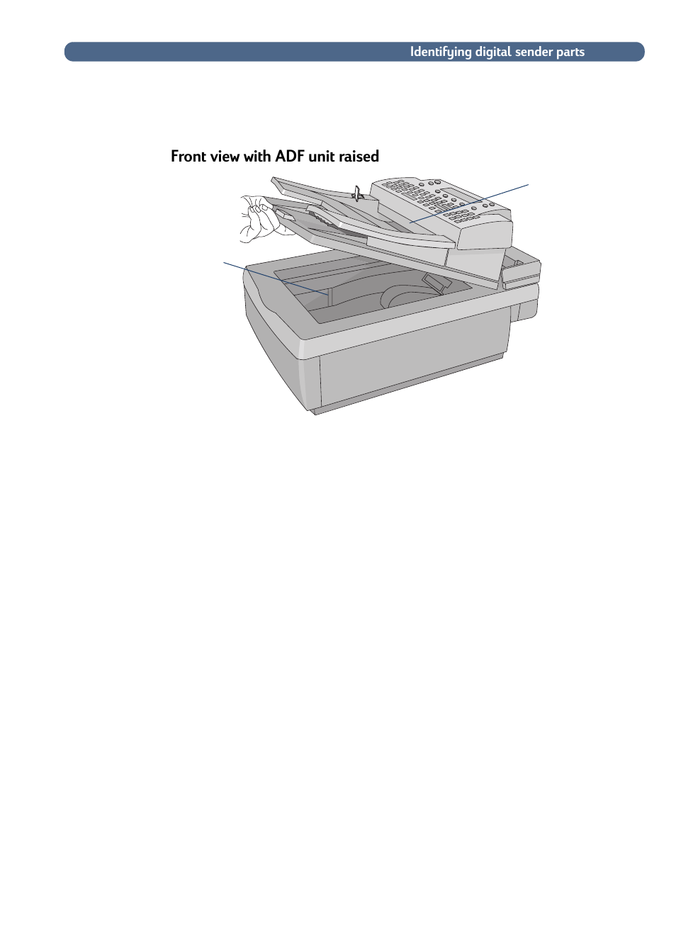 Front view with adf unit raised | HP 8100C User Manual | Page 8 / 78