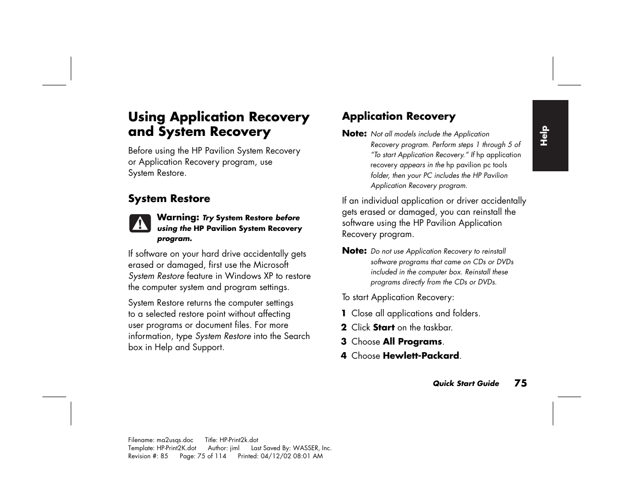 Using application recovery and system recovery | HP Pavilion User Manual | Page 103 / 114