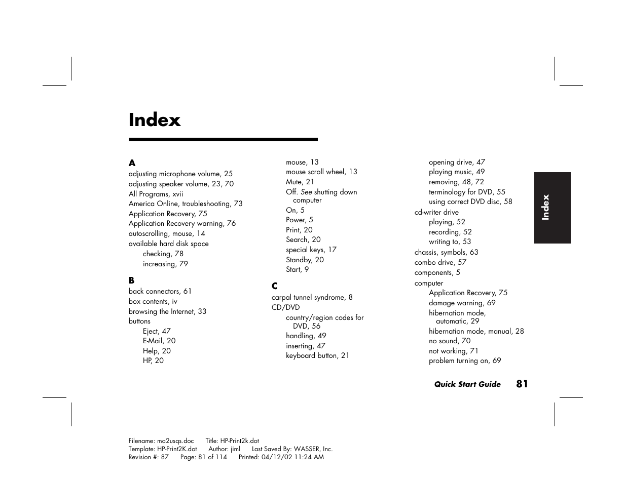 Index | HP Pavilion User Manual | Page 109 / 114