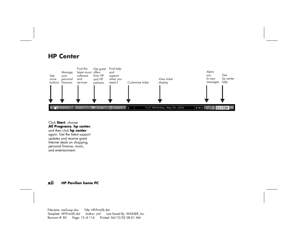 Hp center | HP Pavilion User Manual | Page 12 / 114
