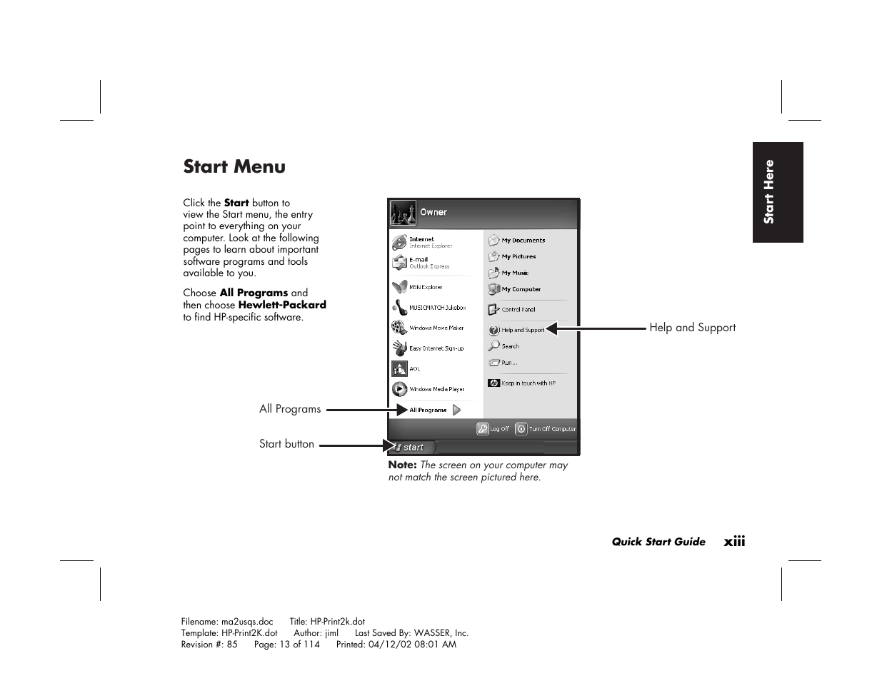 Start menu | HP Pavilion User Manual | Page 13 / 114