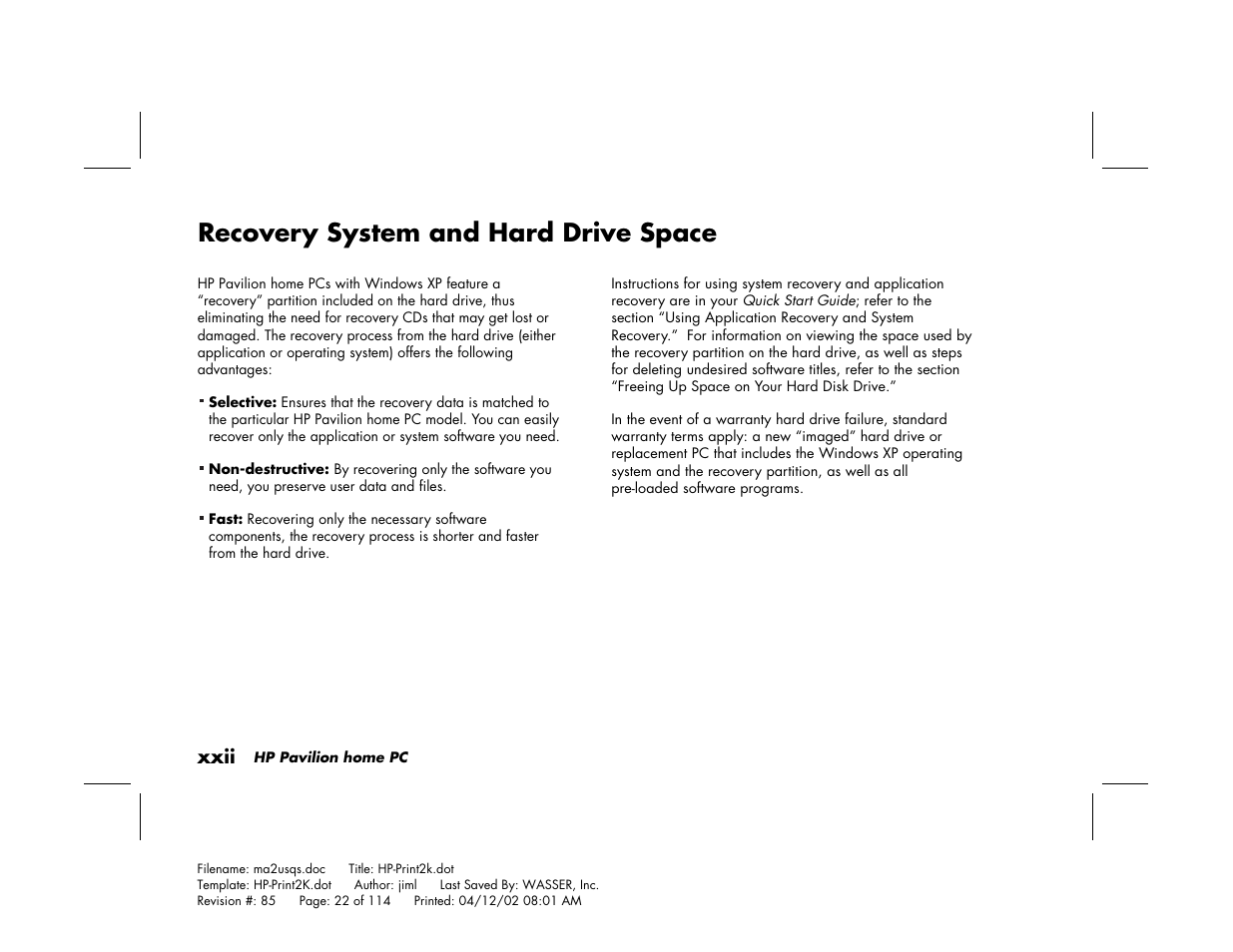 Recovery system and hard drive space | HP Pavilion User Manual | Page 22 / 114