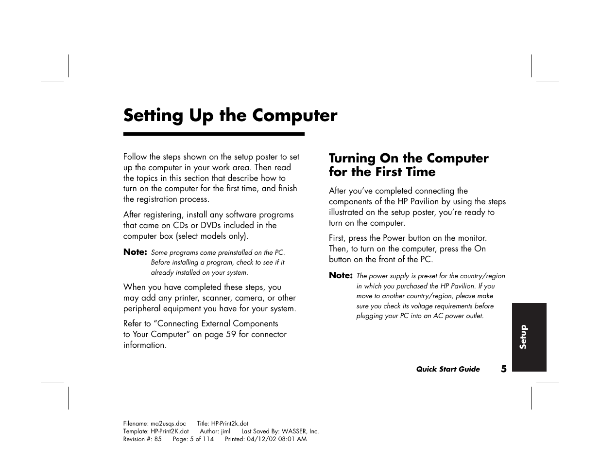 Setting up the computer, Turning on the computer for the first time | HP Pavilion User Manual | Page 33 / 114