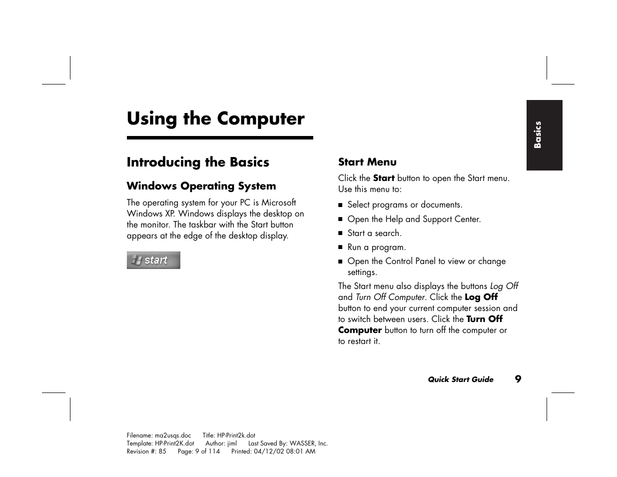 Using the computer, Introducing the basics | HP Pavilion User Manual | Page 37 / 114