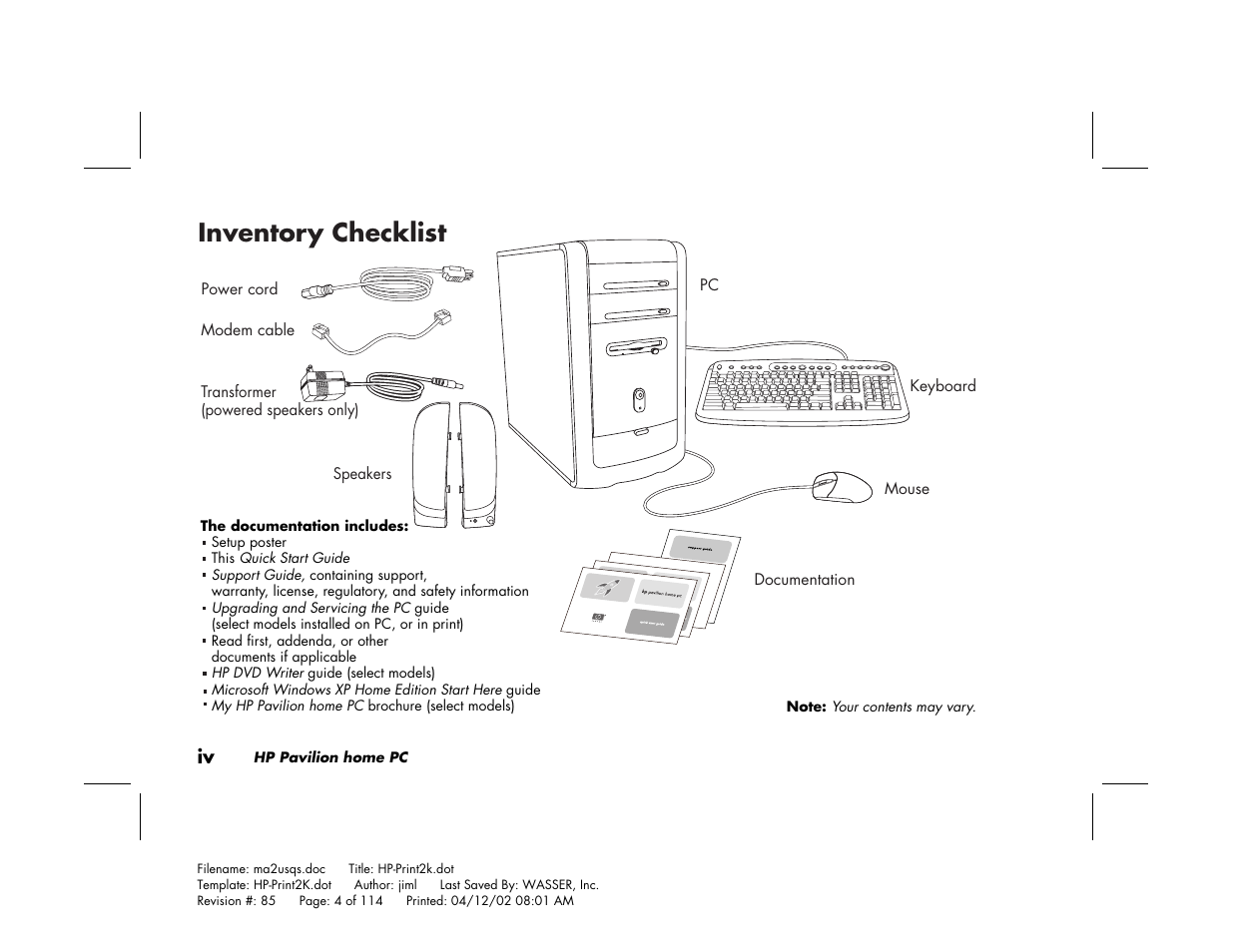 Inventory checklist | HP Pavilion User Manual | Page 4 / 114