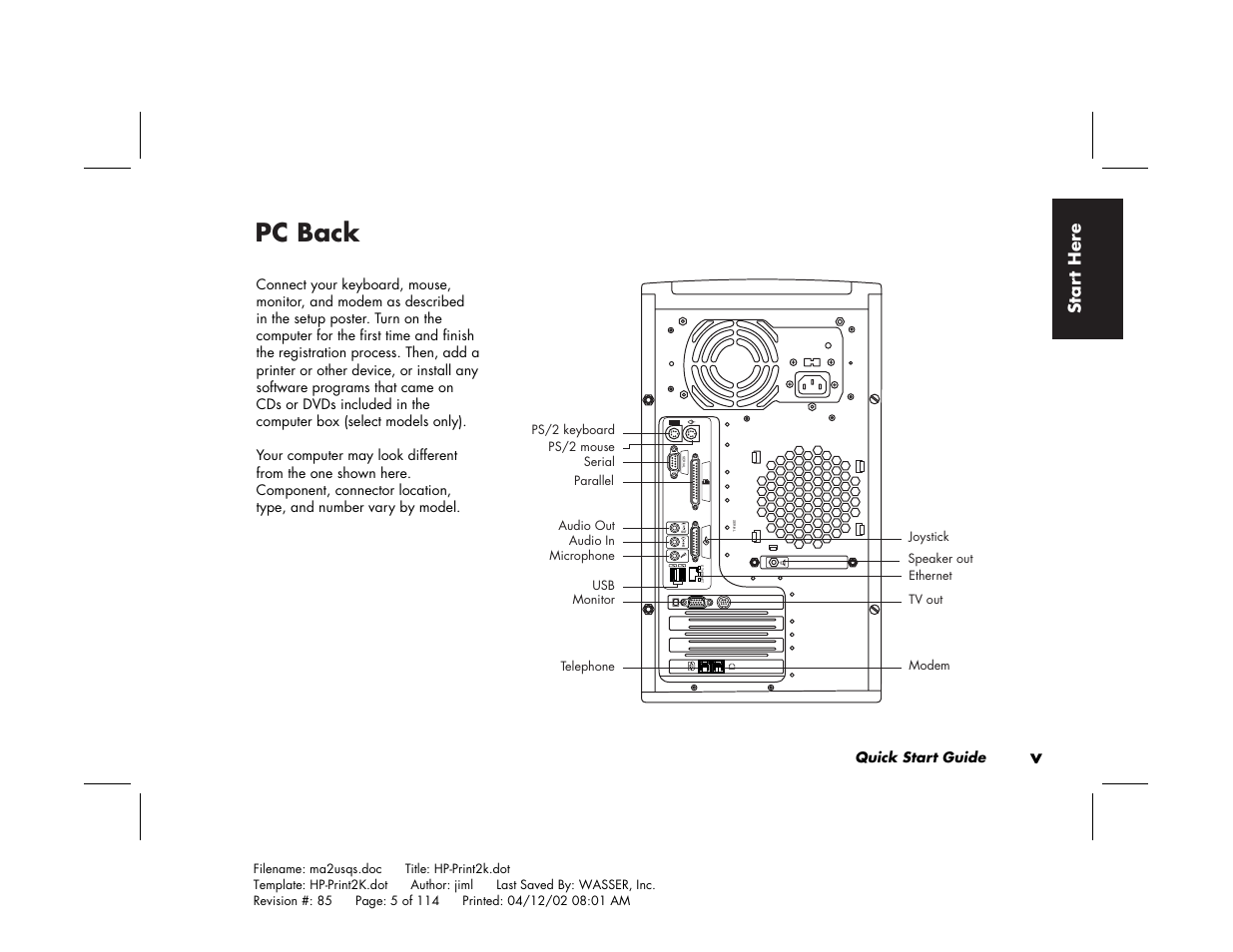 Pc back, Star t here | HP Pavilion User Manual | Page 5 / 114