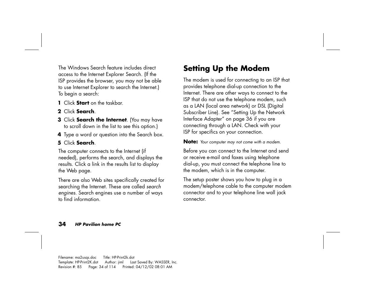 Setting up the modem | HP Pavilion User Manual | Page 62 / 114