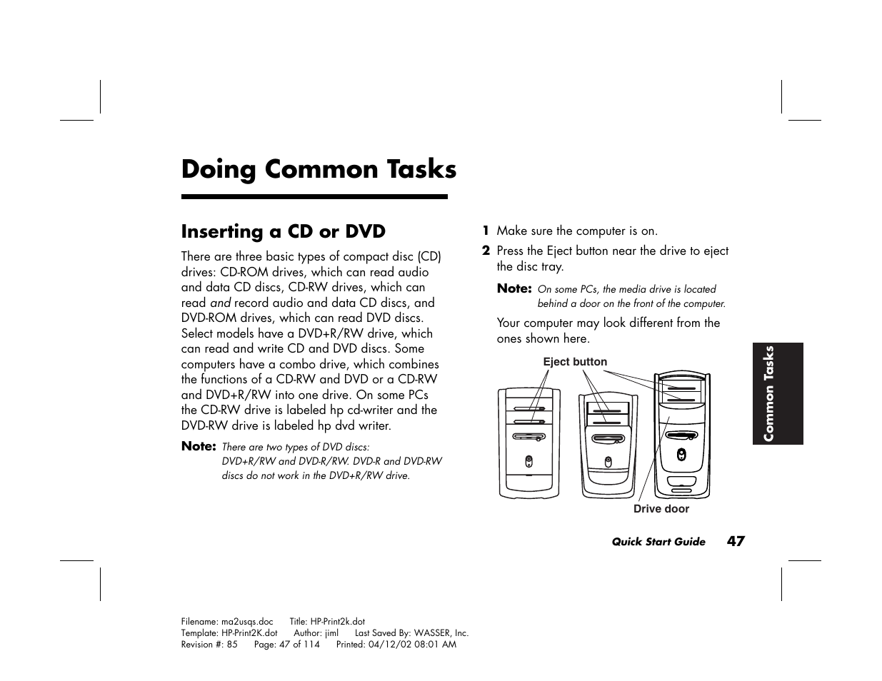 Doing common tasks, Inserting a cd or dvd | HP Pavilion User Manual | Page 75 / 114