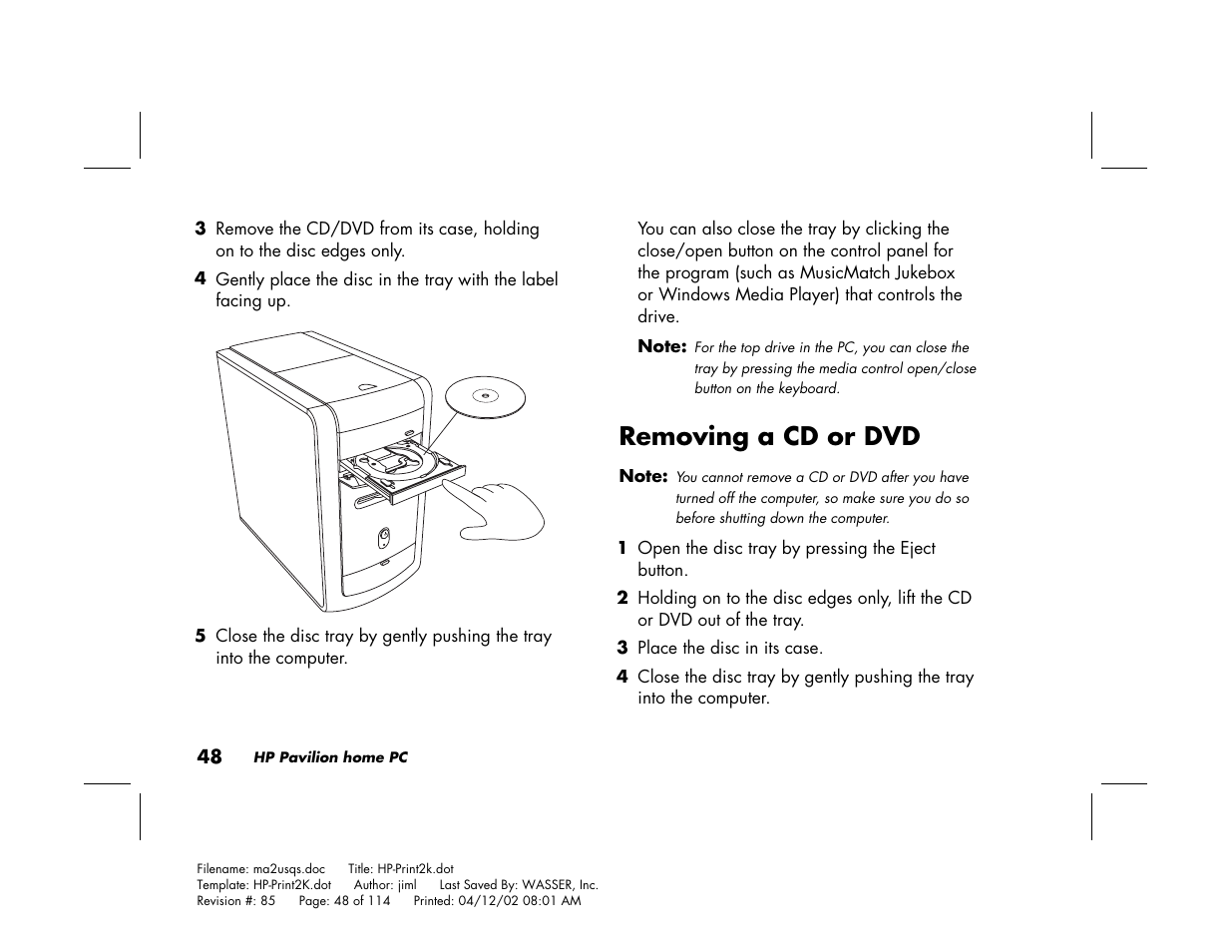 Removing a cd or dvd | HP Pavilion User Manual | Page 76 / 114