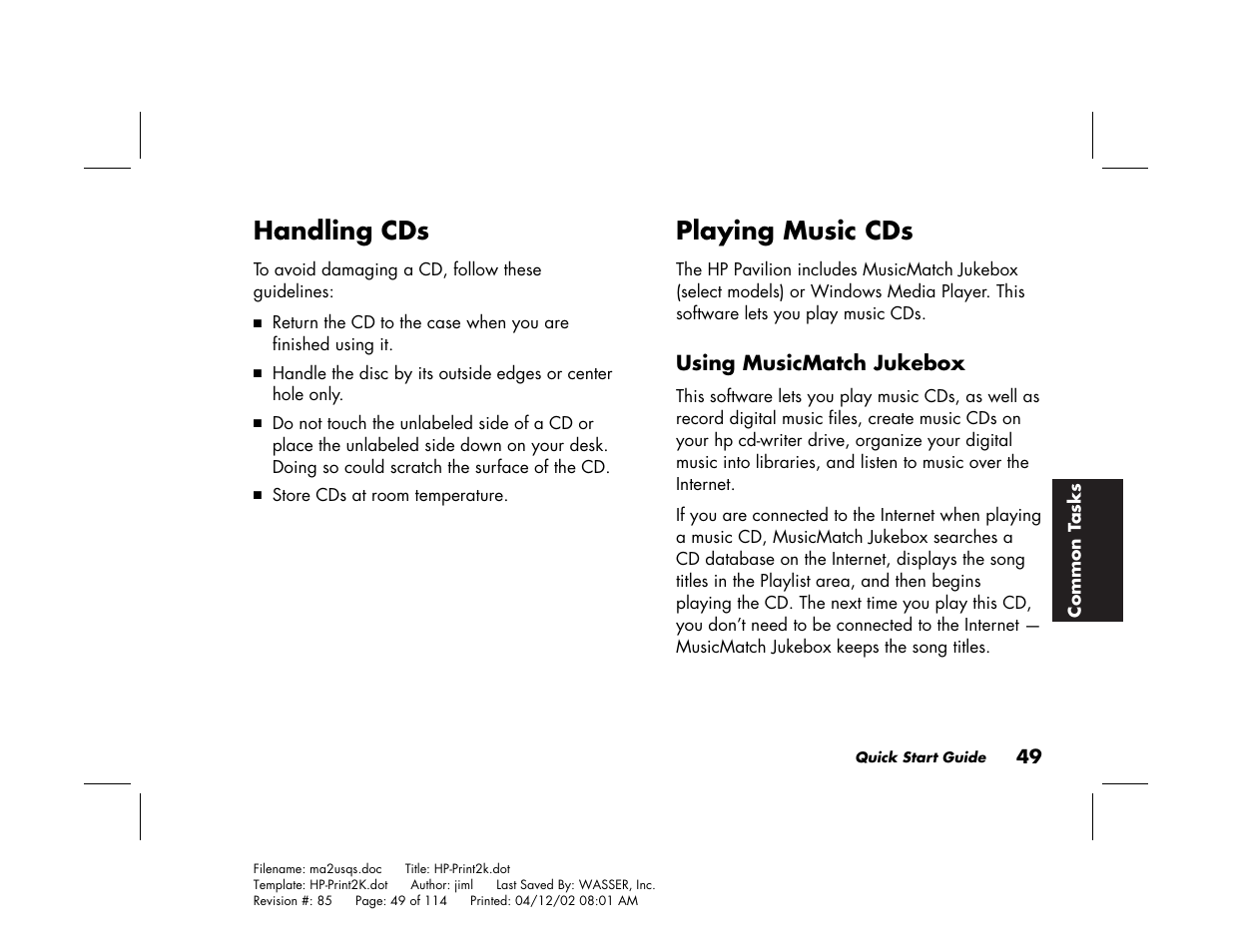 Handling cds, Playing music cds | HP Pavilion User Manual | Page 77 / 114