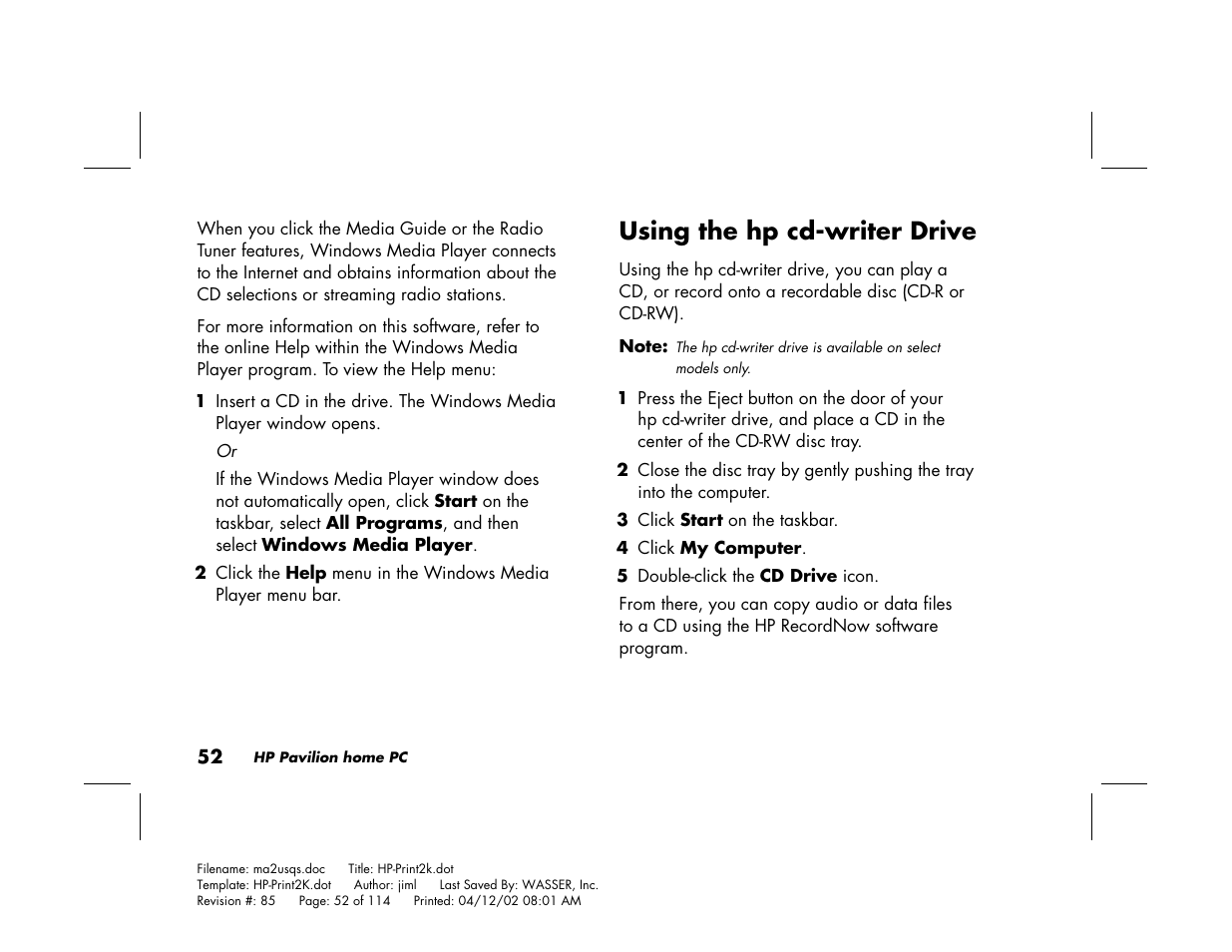 Using the hp cd-writer drive | HP Pavilion User Manual | Page 80 / 114