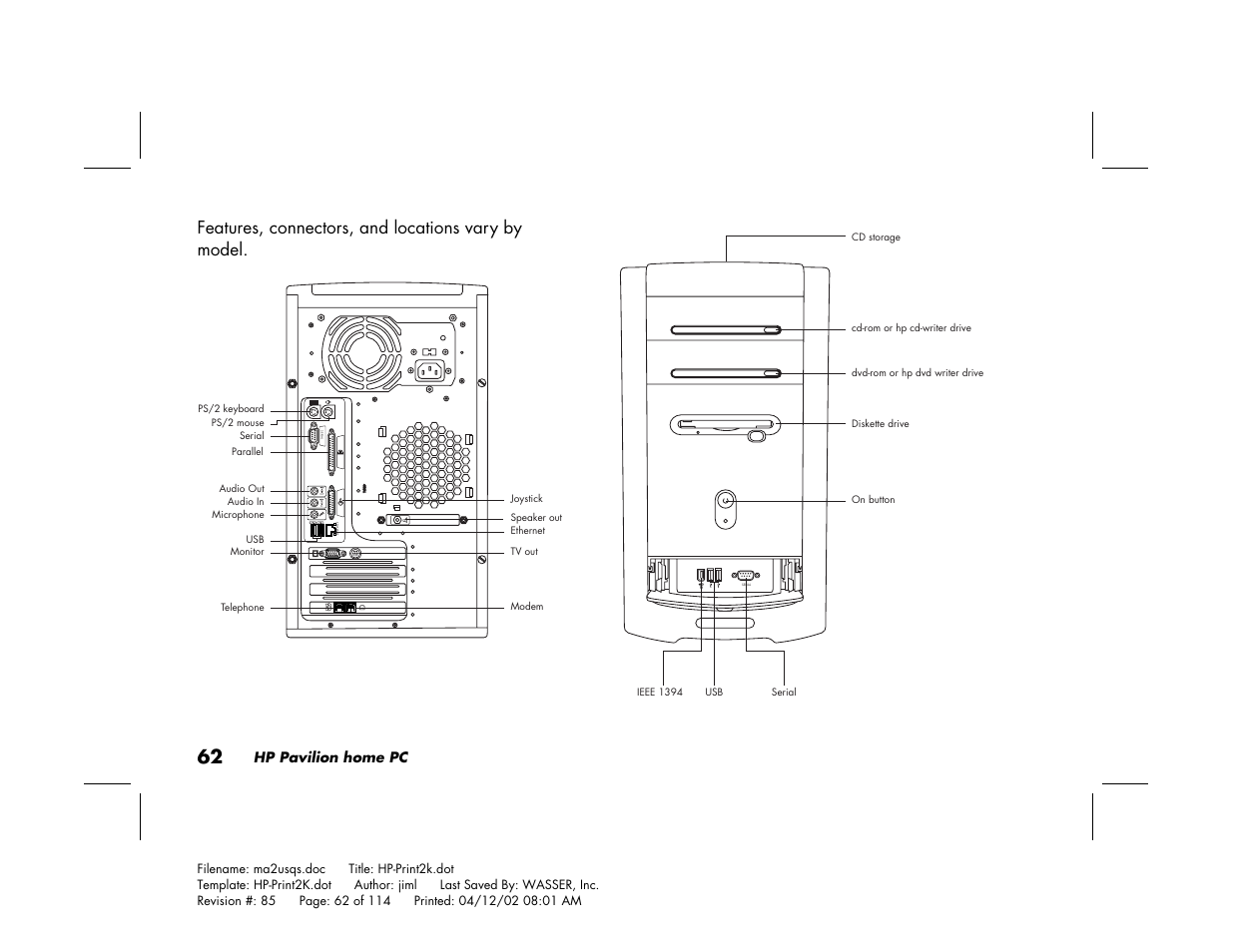 Features, connectors, and locations vary by model, Hp pavilion home pc | HP Pavilion User Manual | Page 90 / 114