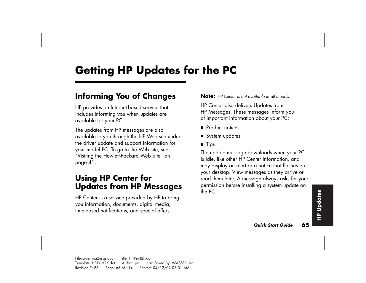 Getting hp updates for the pc, Informing you of changes, Using hp center for updates from hp messages | HP Pavilion User Manual | Page 93 / 114