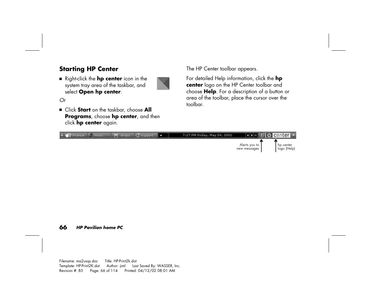 Starting hp center | HP Pavilion User Manual | Page 94 / 114