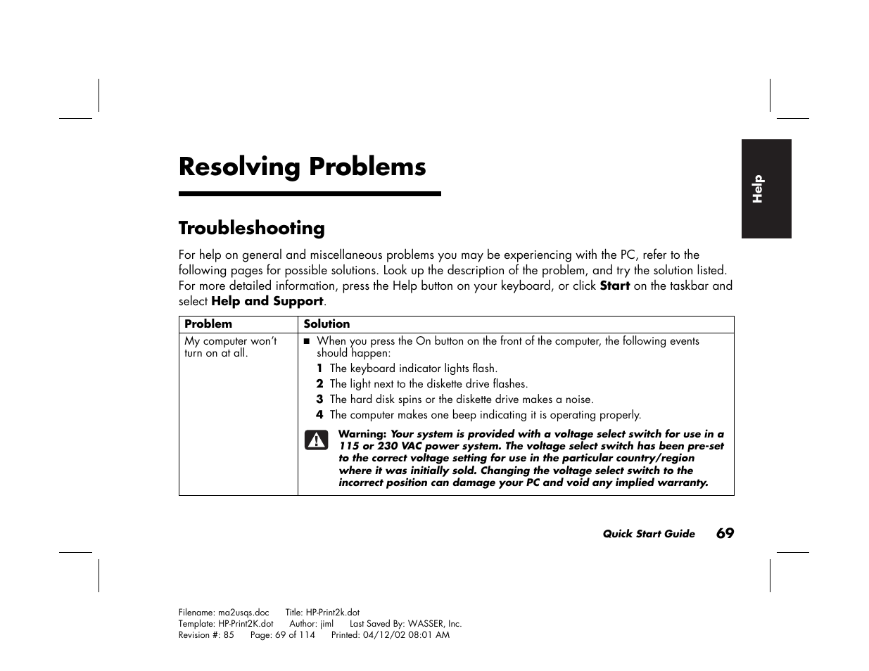 Resolving problems, Troubleshooting | HP Pavilion User Manual | Page 97 / 114