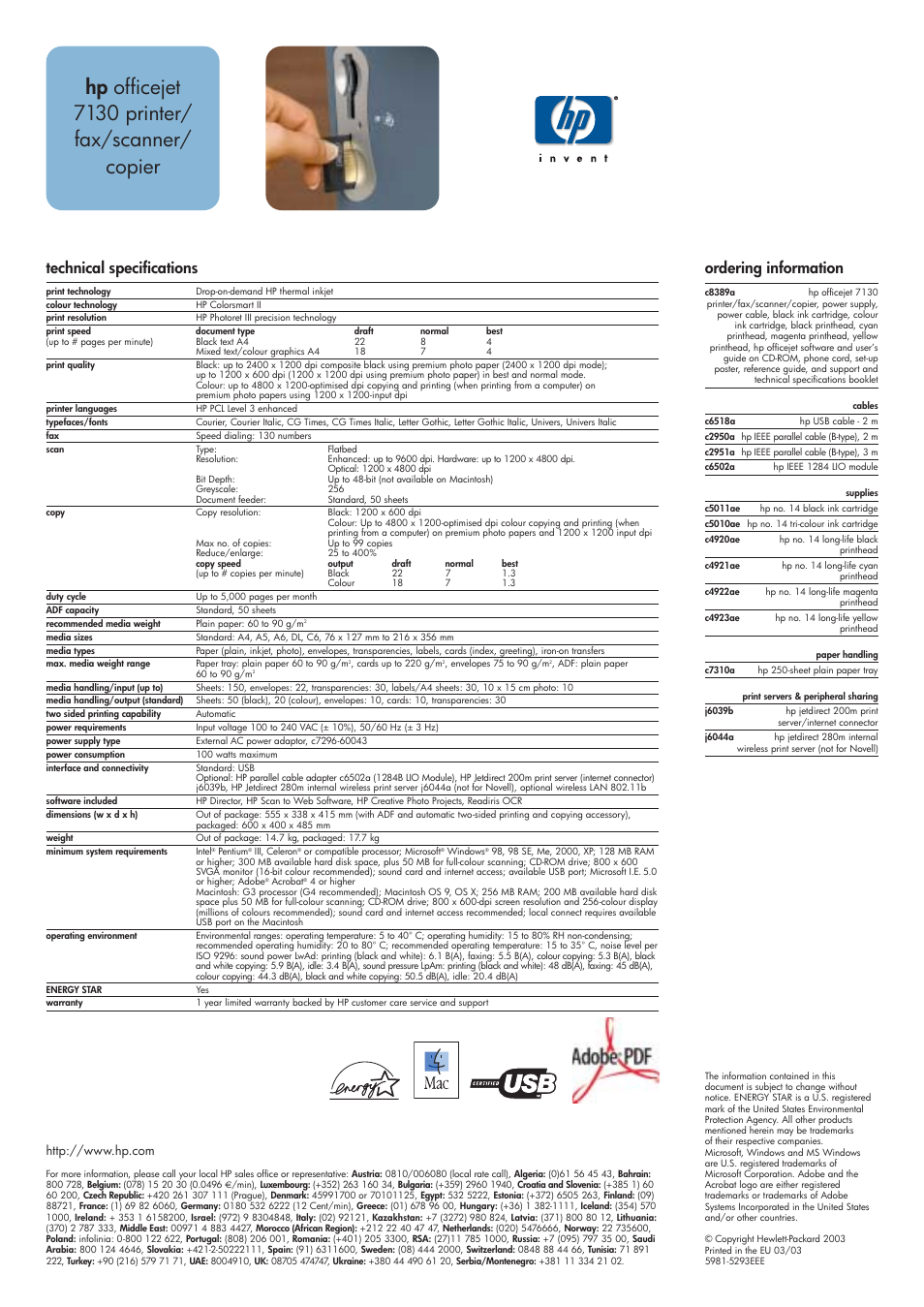 Hp officejet 7130 printer/ fax/scanner/ copier, Technical specifications, Ordering information | HP 7130 printer User Manual | Page 2 / 2