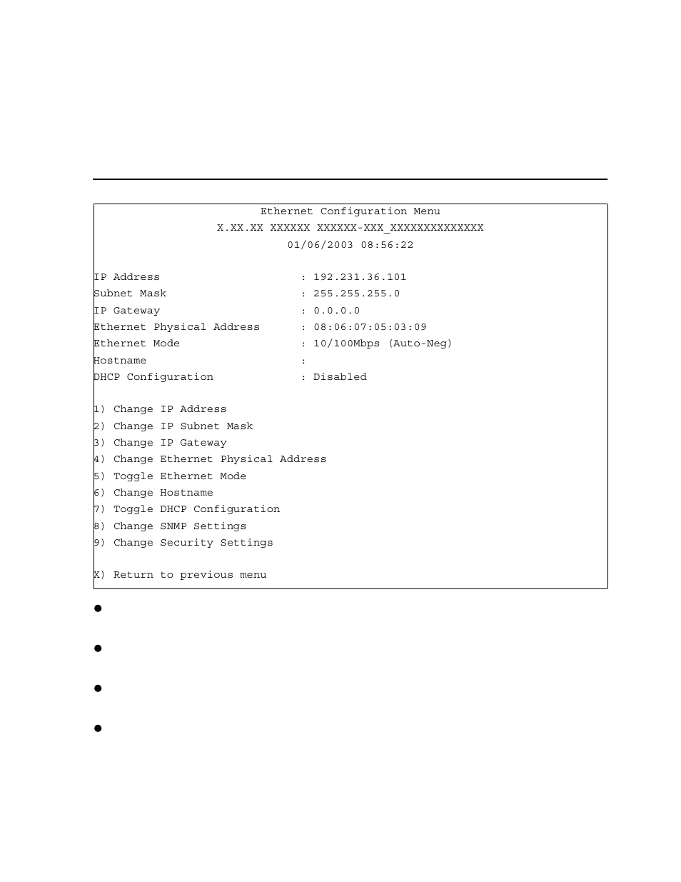 Ethernet configuration, Figure b-2, Ethernet configuration menu | HP FIBRE CHANNEL TO SCSI ROUTER M8201R User Manual | Page 47 / 61