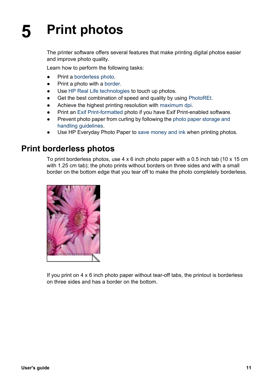 Print photos, Print borderless photos, Print photos print borderless photos | Borderless printing | HP 3900 series User Manual | Page 13 / 72