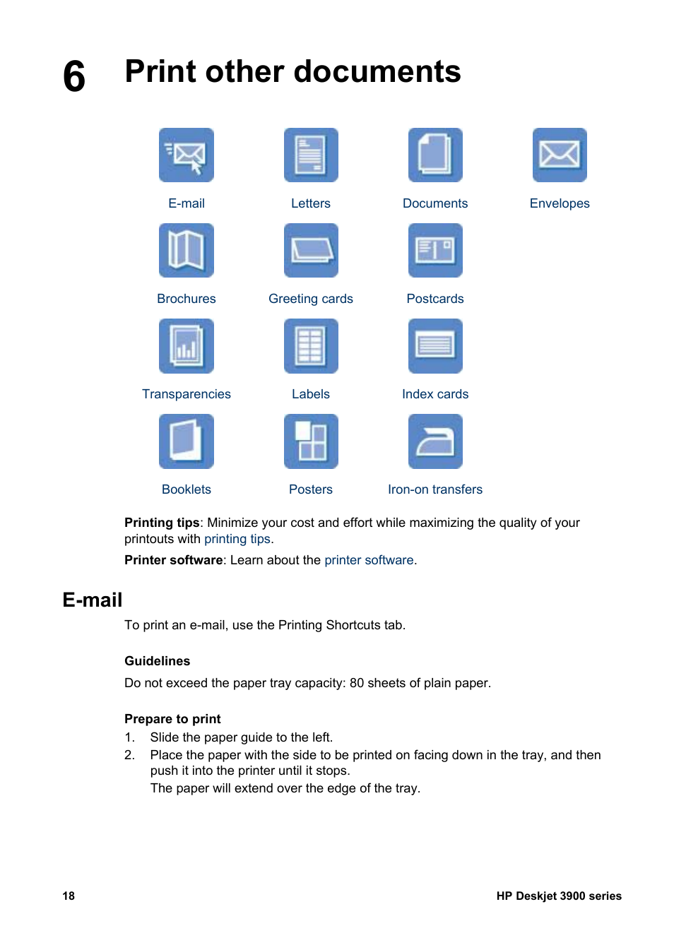 Print other documents, E-mail, Print other documents e-mail | HP 3900 series User Manual | Page 20 / 72