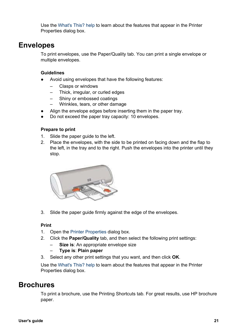 Envelopes, Brochures, Envelopes brochures | An envelope, see | HP 3900 series User Manual | Page 23 / 72