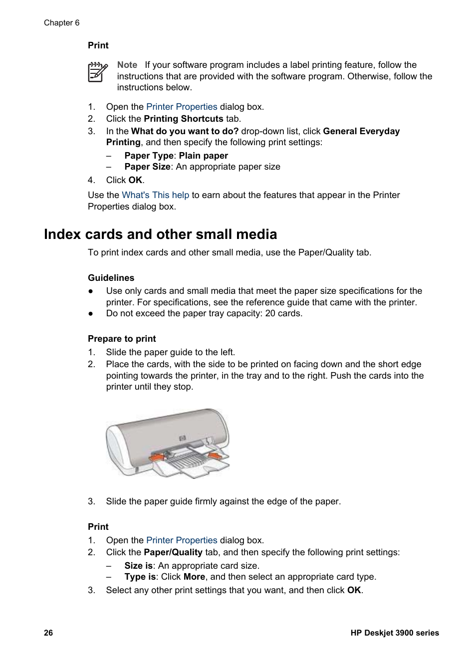 Index cards and other small media, Index cards | HP 3900 series User Manual | Page 28 / 72