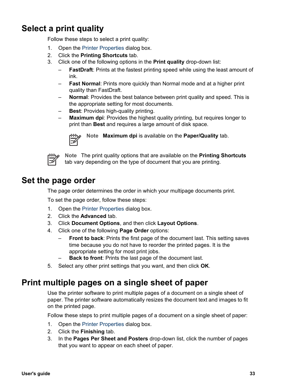 Select a print quality, Print quality, Set the | Order, Set the page order, Print multiple pages on a single sheet of paper | HP 3900 series User Manual | Page 35 / 72