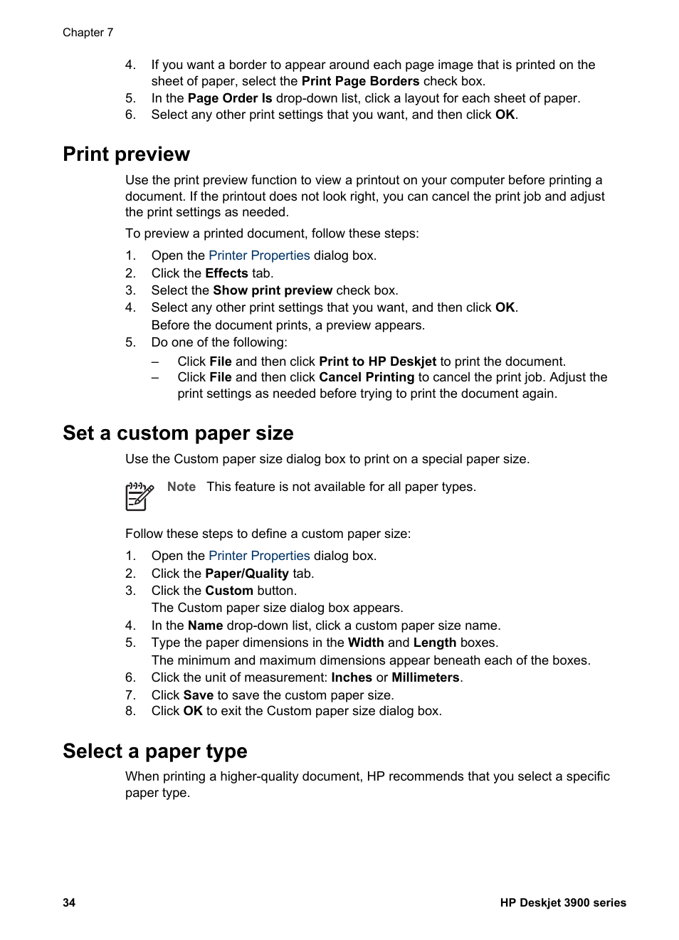 Print preview, Set a custom paper size, Select a paper type | Preview, On a, Custom paper size, Paper type | HP 3900 series User Manual | Page 36 / 72