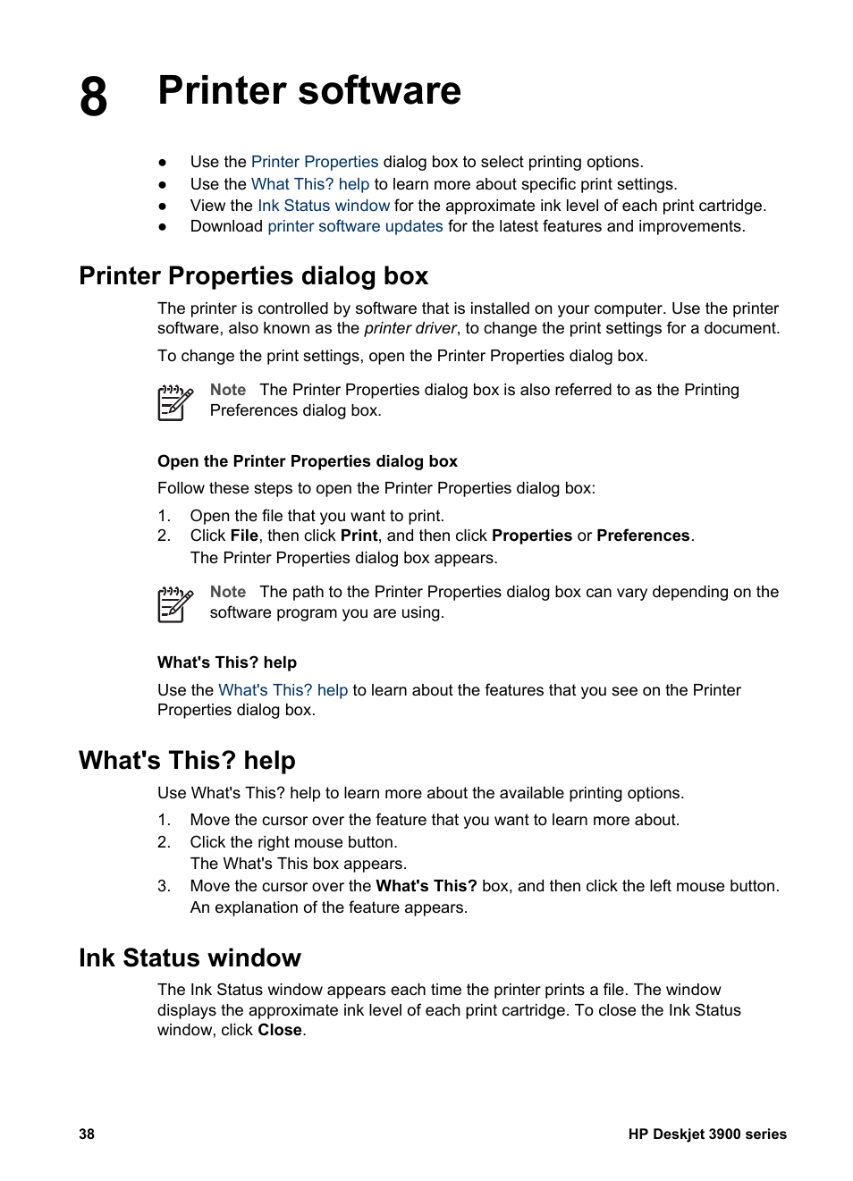 Printer software, Printer properties dialog box, What's this? help | Ink status window, Printer properties, Dialog, To learn | HP 3900 series User Manual | Page 40 / 72