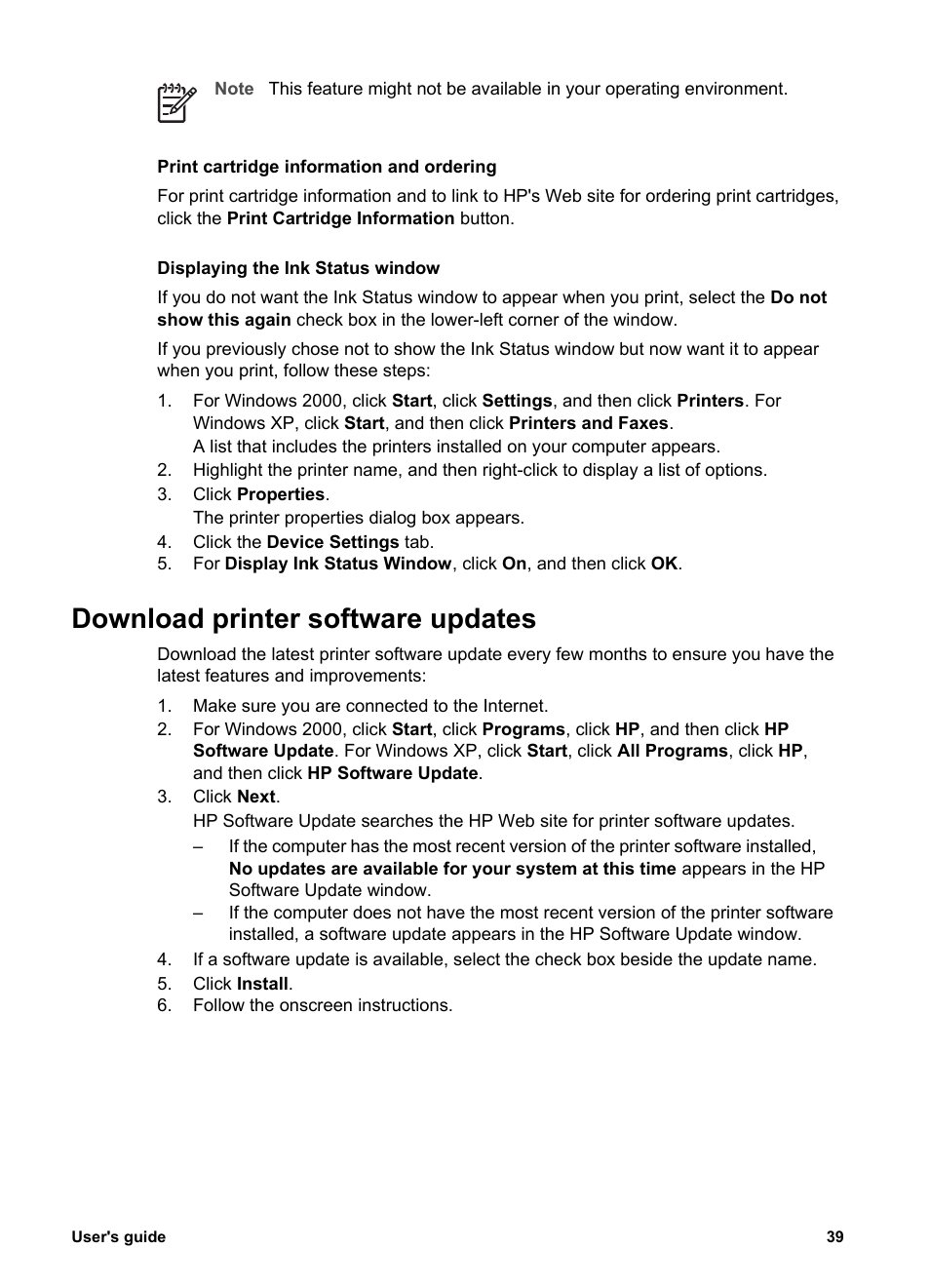 Download printer software updates, Printer software updates | HP 3900 series User Manual | Page 41 / 72