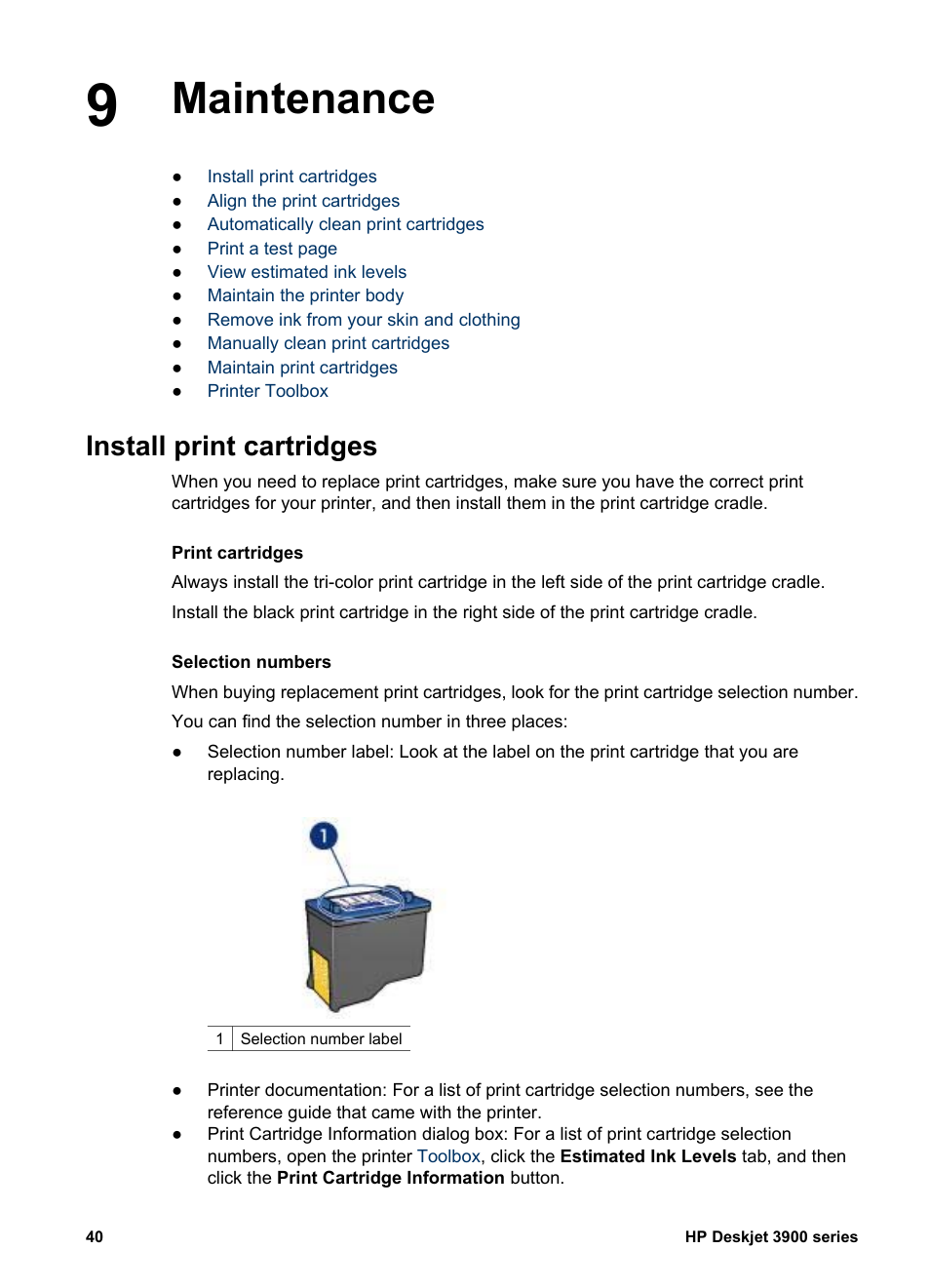 Maintenance, Install print cartridges, Maintenance install print cartridges | Print cartridge, Installation | HP 3900 series User Manual | Page 42 / 72