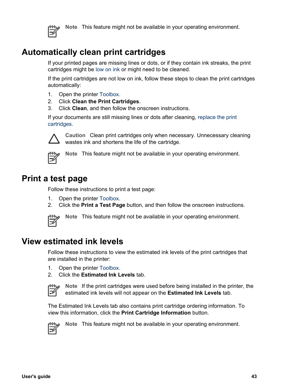 Automatically clean print cartridges, View estimated ink levels, Print a test page | HP 3900 series User Manual | Page 45 / 72