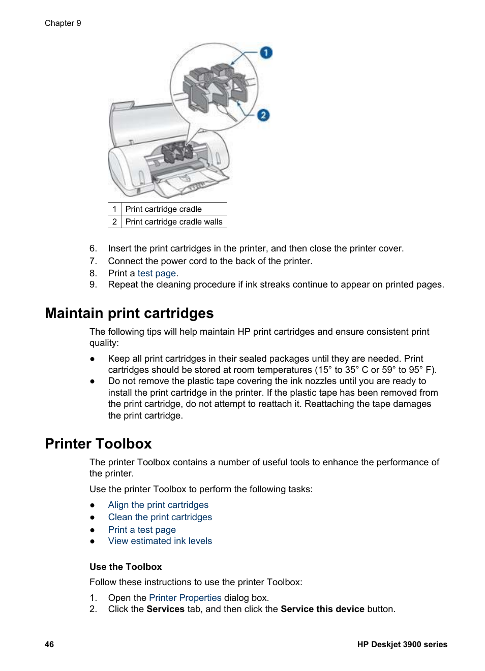 Maintain print cartridges, Printer toolbox, Maintain print cartridges printer toolbox | Toolbox, Click, Numbers, open the printer | HP 3900 series User Manual | Page 48 / 72