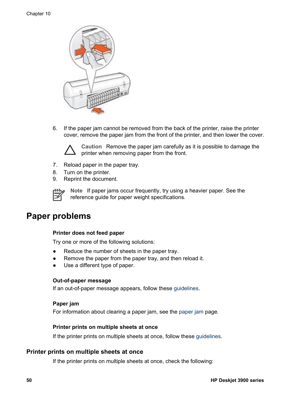 Paper problems, Printer prints on multiple sheets at once | HP 3900 series User Manual | Page 52 / 72