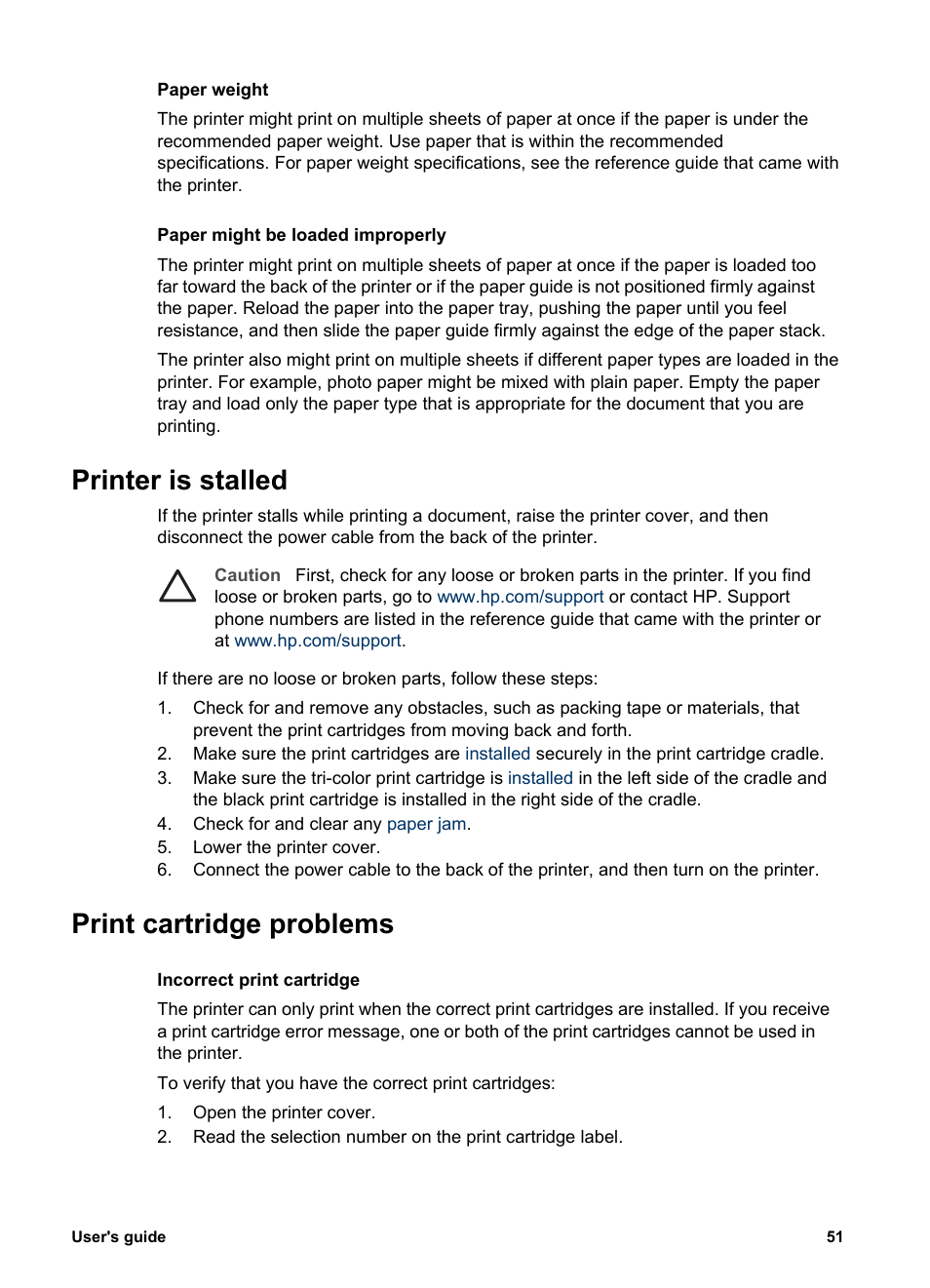 Printer is stalled, Print cartridge problems, Printer is stalled print cartridge problems | HP 3900 series User Manual | Page 53 / 72