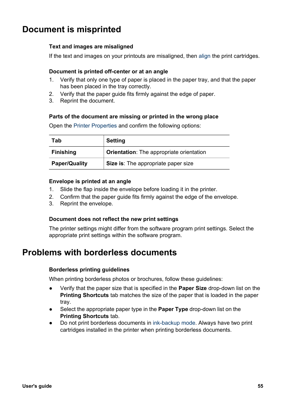 Document is misprinted, Problems with borderless documents | HP 3900 series User Manual | Page 57 / 72