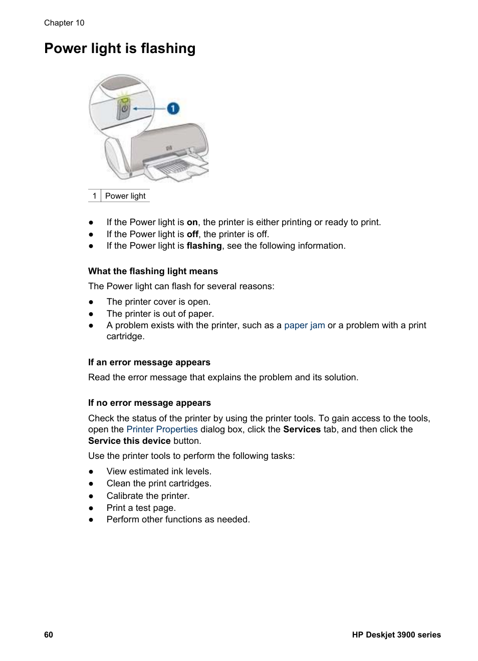 Power light is flashing, Information, see | HP 3900 series User Manual | Page 62 / 72