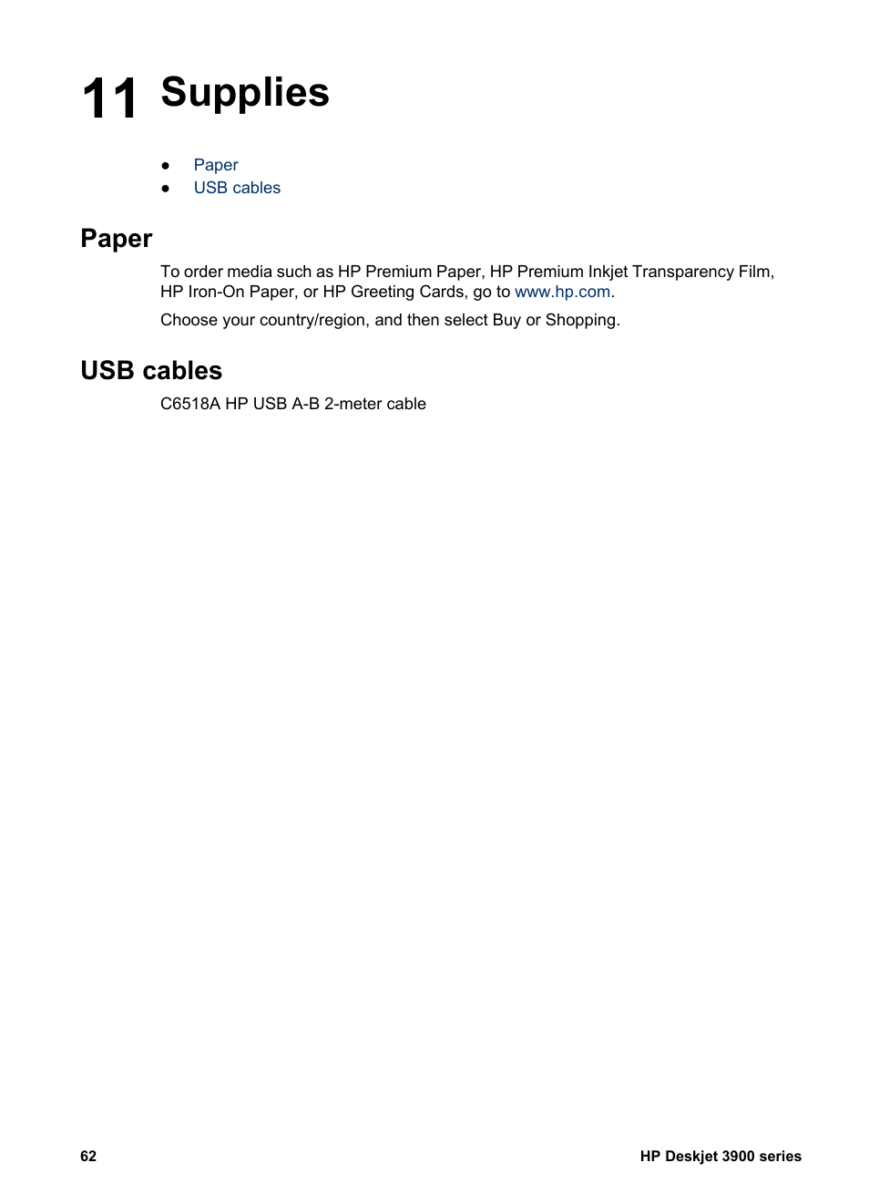 Supplies, Paper, Usb cables | 11 supplies, Paper usb cables | HP 3900 series User Manual | Page 64 / 72