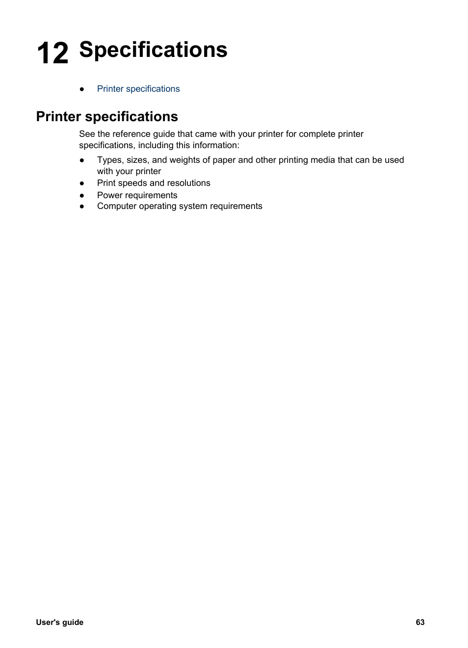 Specifications, Printer specifications, 12 specifications | HP 3900 series User Manual | Page 65 / 72