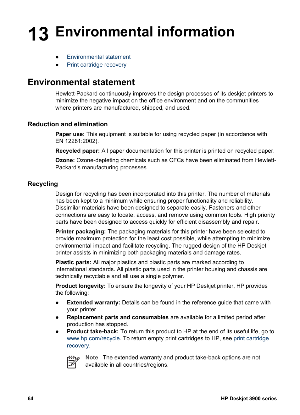 Environmental information, Environmental statement, Reduction and elimination | Recycling, 13 environmental information | HP 3900 series User Manual | Page 66 / 72