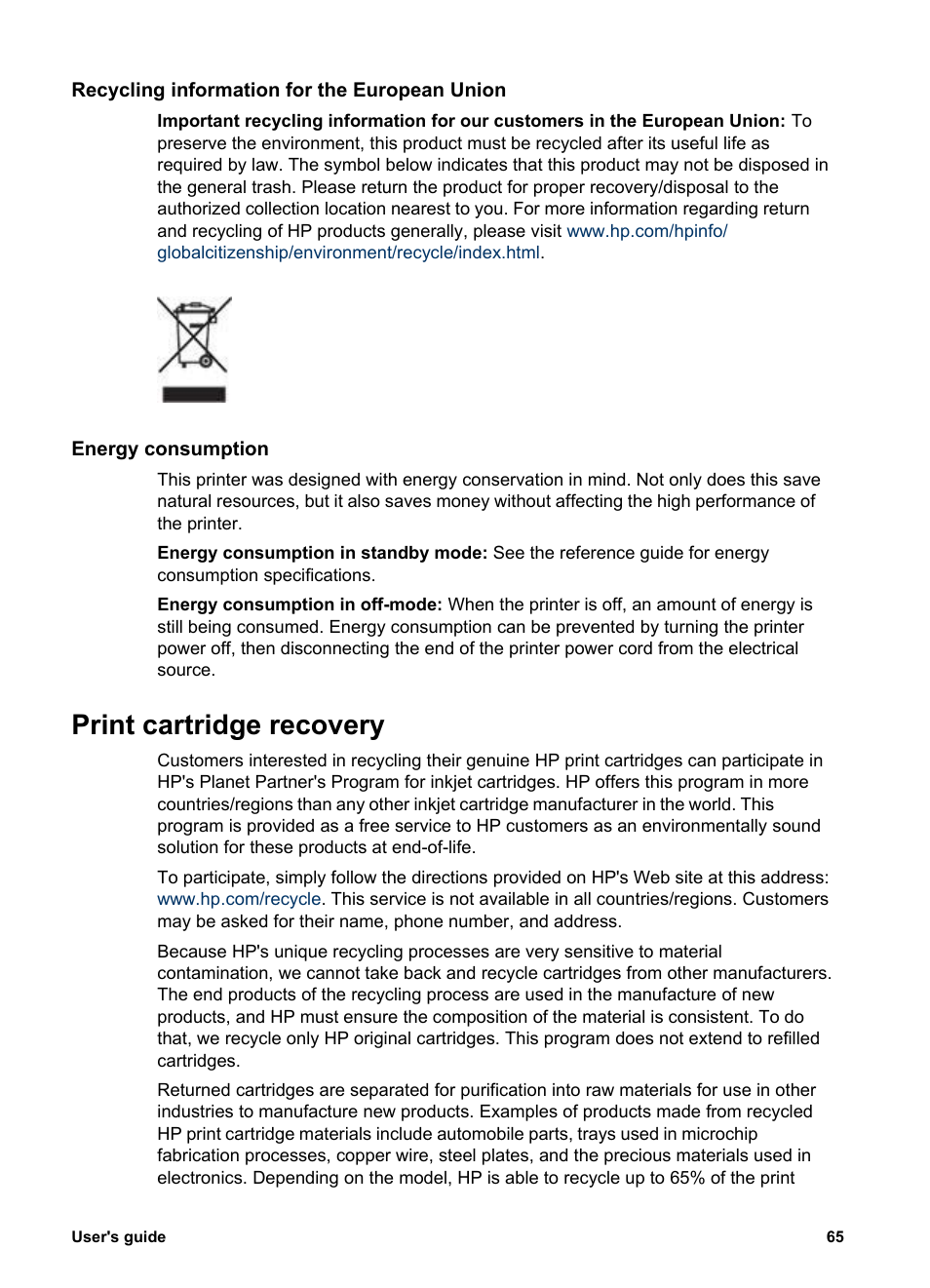 Recycling information for the european union, Energy consumption, Print cartridge recovery | Print cartridge, Recovery | HP 3900 series User Manual | Page 67 / 72