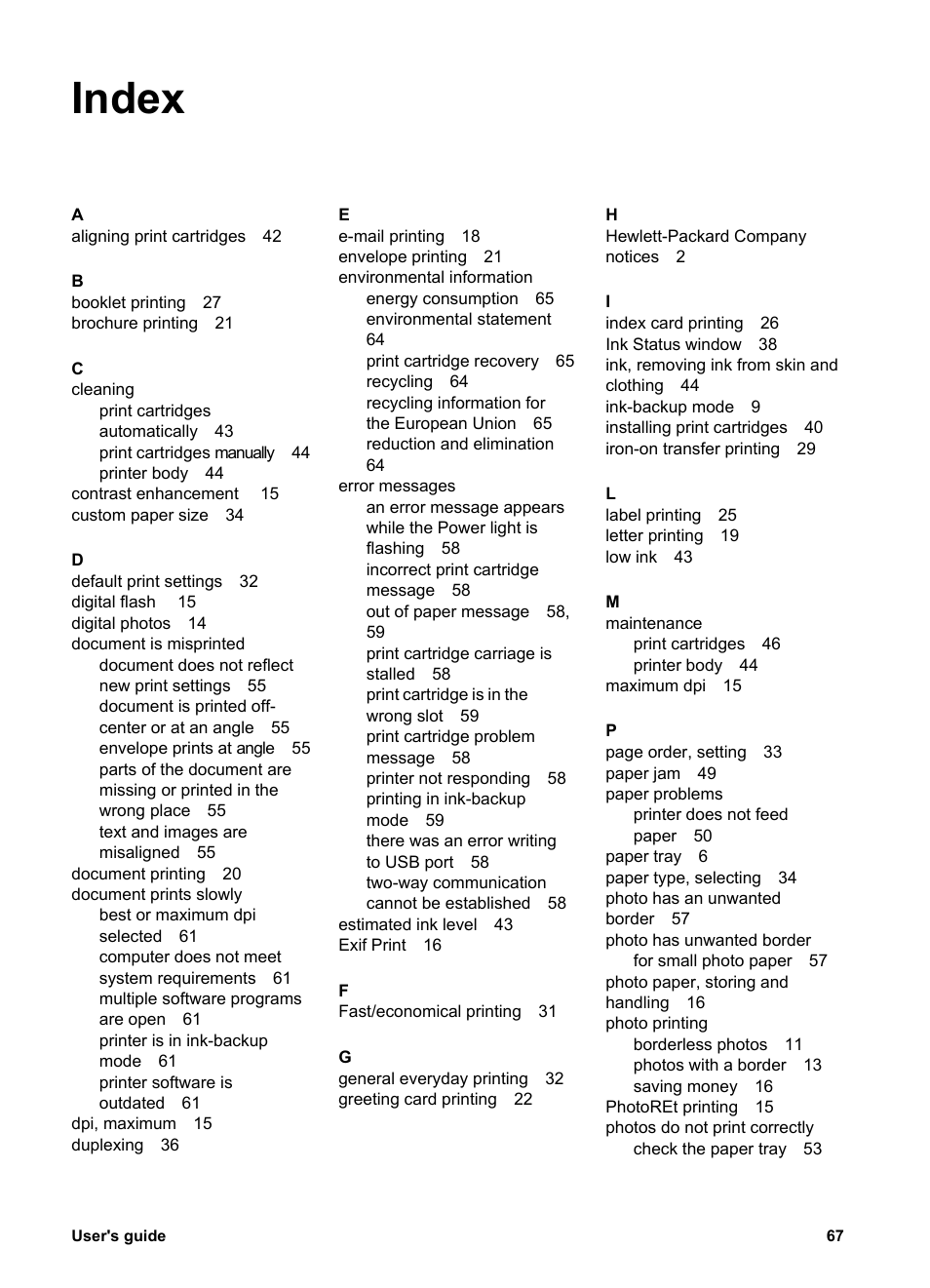 Index | HP 3900 series User Manual | Page 69 / 72