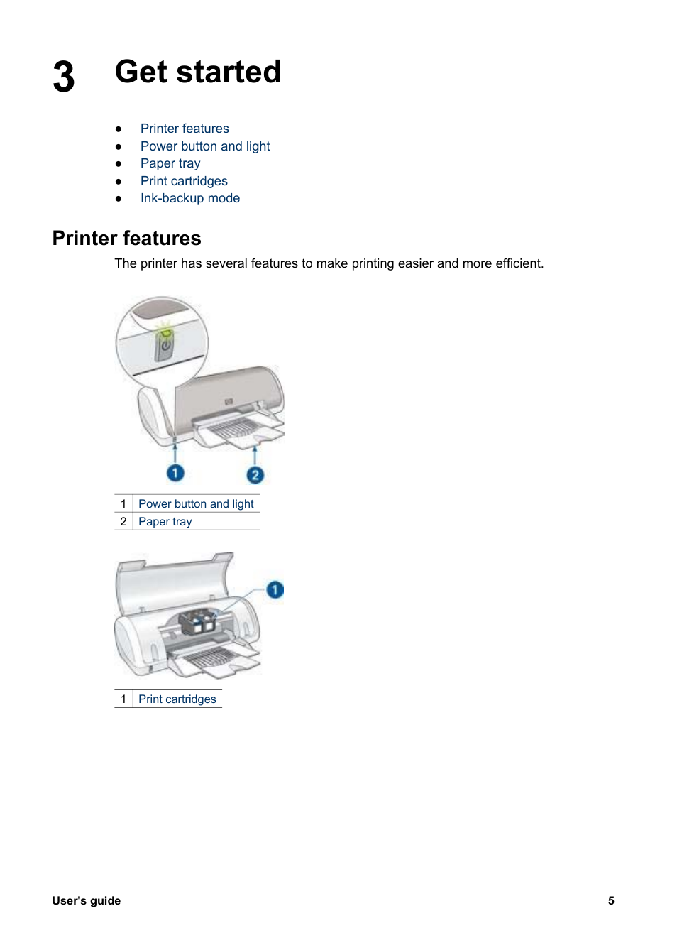 Get started, Printer features, Get started printer features | HP 3900 series User Manual | Page 7 / 72