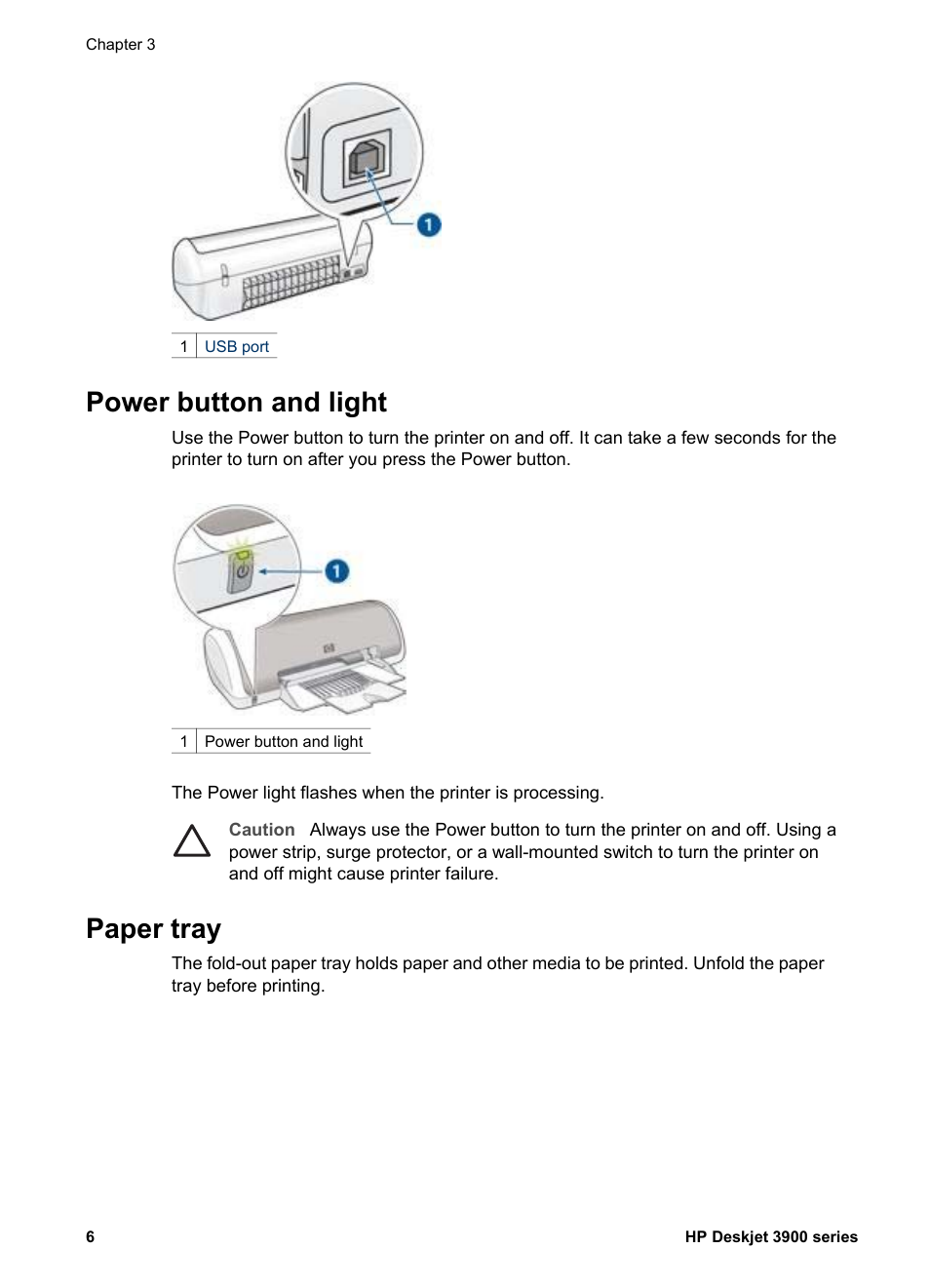 Power button and light, Paper tray, Power button and light paper tray | HP 3900 series User Manual | Page 8 / 72