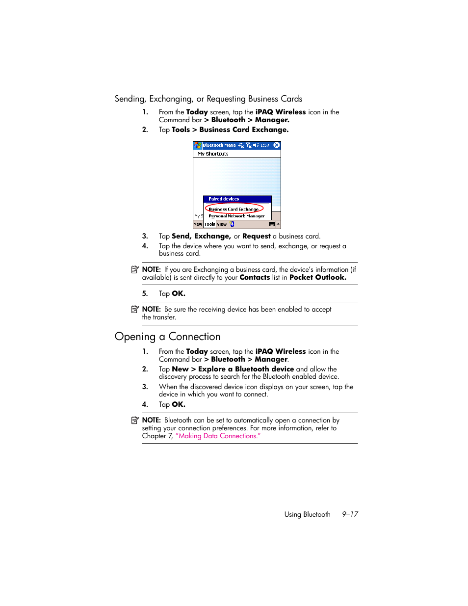 Sending, exchanging, or requesting business cards, Opening a connection, Opening a connection –17 | HP iPAQ hw6500 User Manual | Page 100 / 170