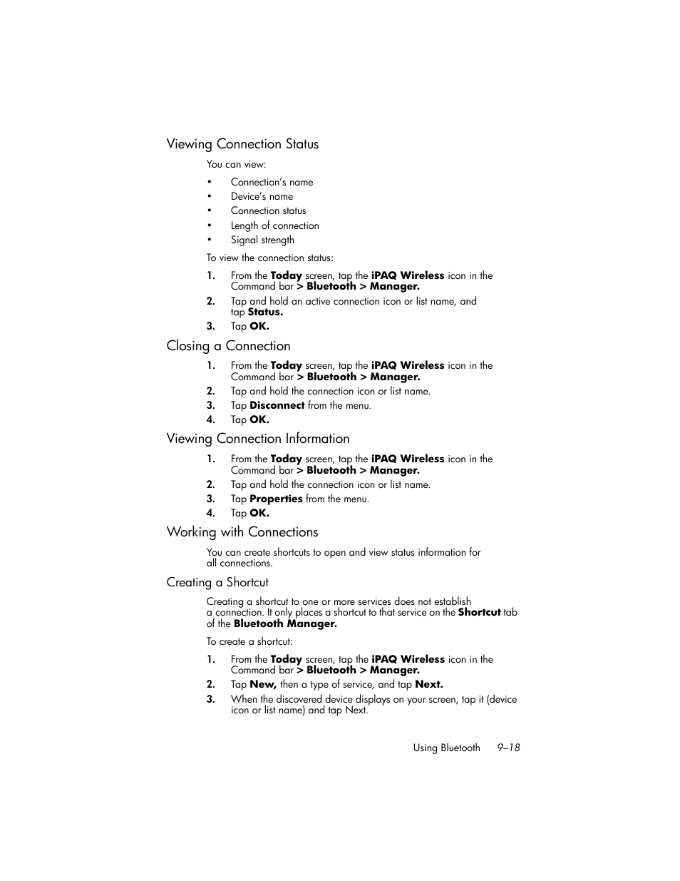 Viewing connection status, Closing a connection, Viewing connection information | Working with connections, Creating a shortcut, Viewing connection status –18, Closing a connection –18, Viewing connection information –18, Working with connections –18 | HP iPAQ hw6500 User Manual | Page 101 / 170