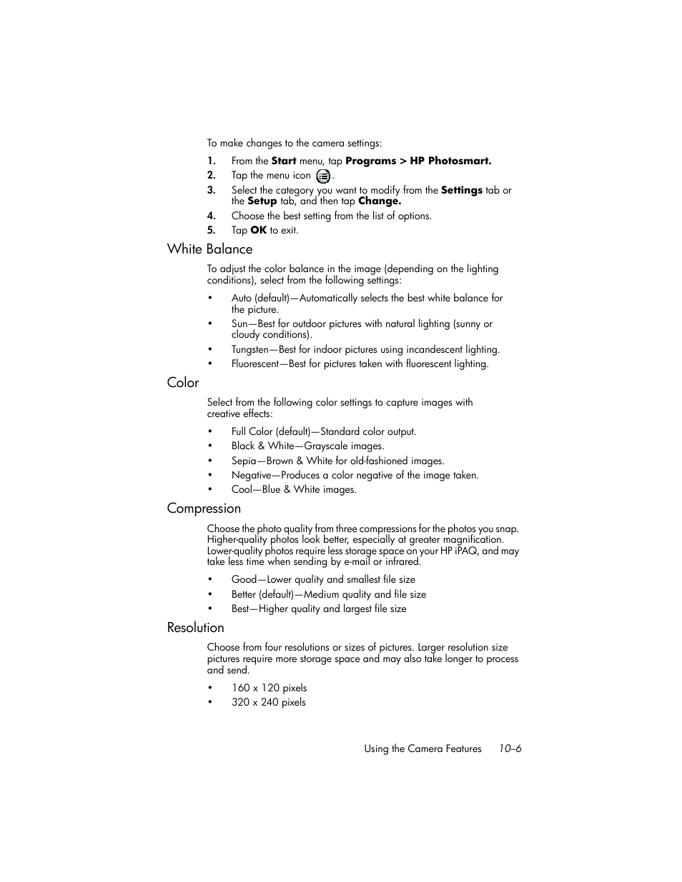 White balance, Color, Compression | Resolution, White balance –6, Color –6, Compression –6, Resolution –6 | HP iPAQ hw6500 User Manual | Page 108 / 170