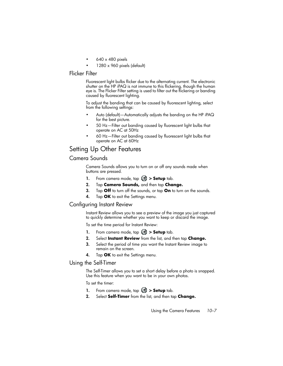 Flicker filter, Setting up other features, Camera sounds | Configuring instant review, Using the self-timer, Flicker filter –7, Setting up other features –7, Camera sounds –7, Configuring instant review –7, Using the self-timer –7 | HP iPAQ hw6500 User Manual | Page 109 / 170