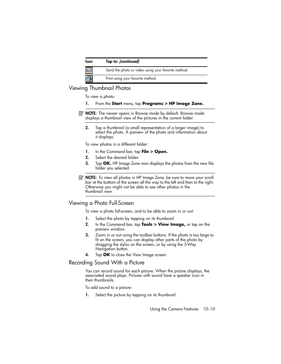 Viewing thumbnail photos, Viewing a photo full-screen, Recording sound with a picture | Viewing thumbnail photos –10, Viewing a photo full-screen –10, Recording sound with a picture –10 | HP iPAQ hw6500 User Manual | Page 112 / 170
