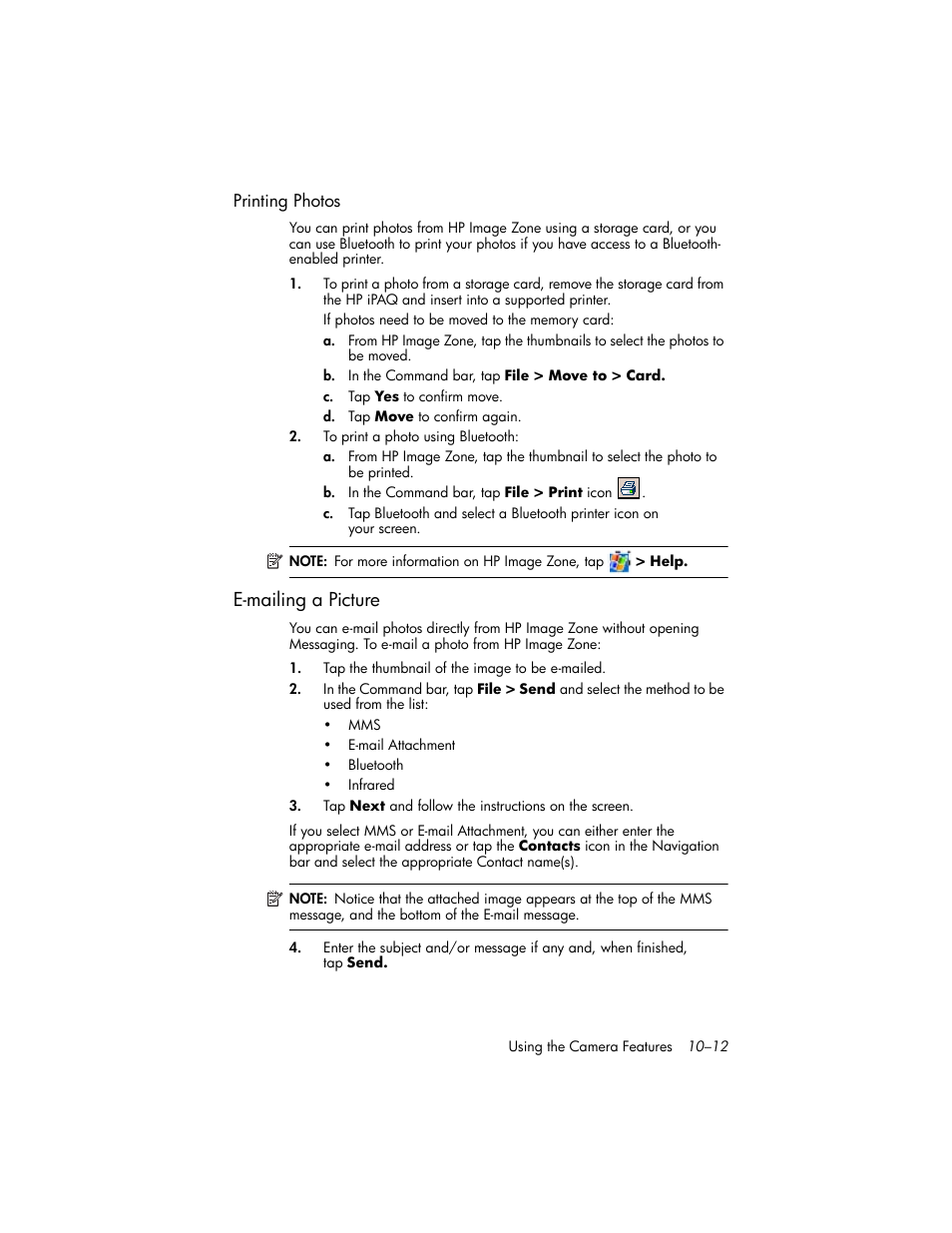 Printing photos, E-mailing a picture, E-mailing a picture –12 | HP iPAQ hw6500 User Manual | Page 114 / 170